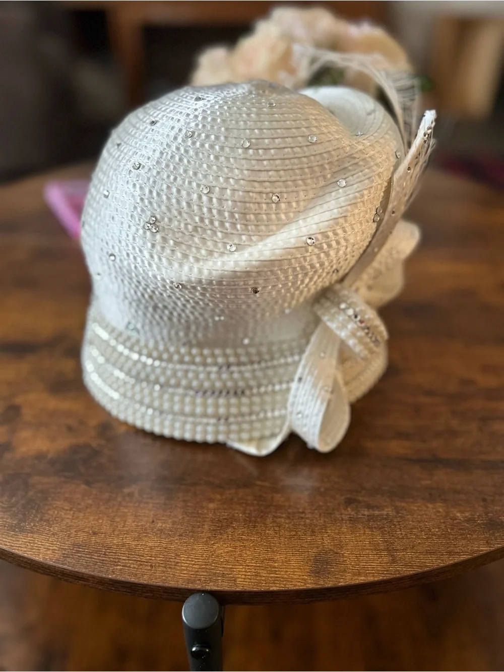 Ivory Embellished Straw Cloche Hat with Feathers